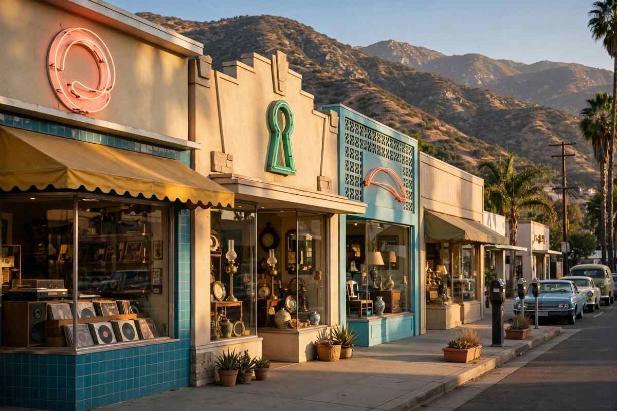 Vintage storefronts along Magnolia Boulevard in Burbank with the Verdugo Mountains behind